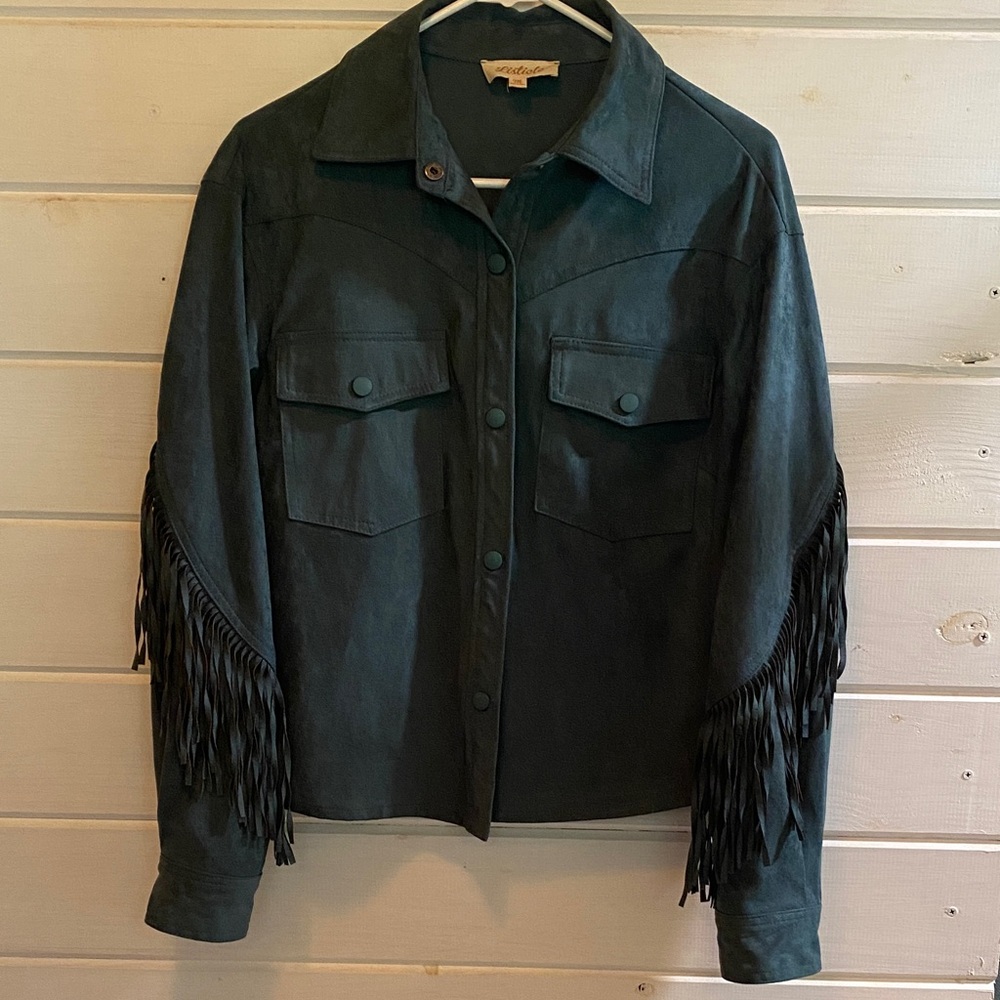 Scully Women's Leather Jacket with Fringe in Green turquoise